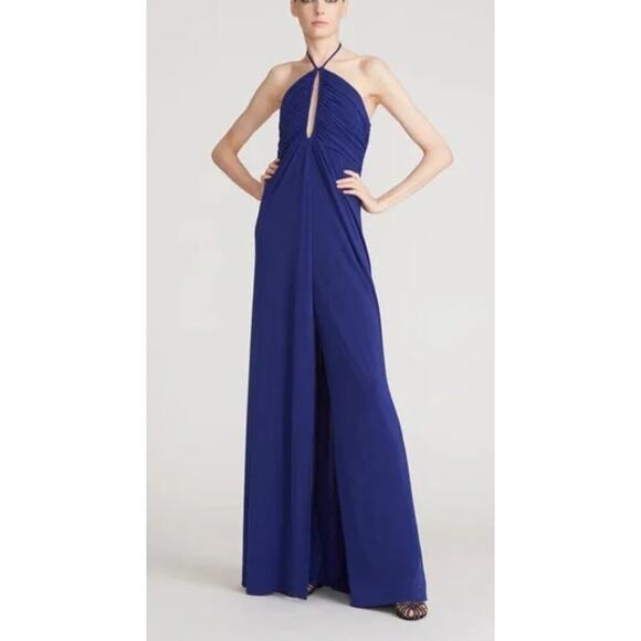 NWT Halston Fia Halter Jersey‎ Jumpsuit, Sapphire Blue, Formal Jumpsuit, Sz 8 - Picture 1 of 11
